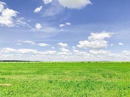 Magical deep aerial white clouds on blue sky and green field.