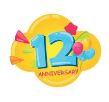 Cute Cartoon  Template Logo 12 Years Anniversary Vector Illustration