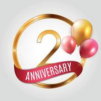 Template Gold Logo 2 Years Anniversary with Ribbon and Balloons Vector Illustration