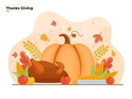 Thanksgiving illustration with with corn, chicken, pumpkin, apples, and floral element. can be used for greeting card, banner, poster, web, social media, vector