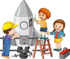 Children fixing a rocket together on white background vector