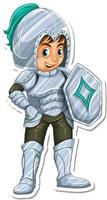 un caballero con armadura sosteniendo una pegatina de personaje de dibujos animados de escudo vector