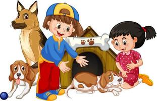 Children with their dogs on white background vector