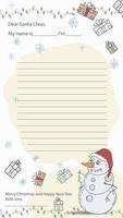 un diseño de carta de muestra de navidad y año nuevo ya hecho para santa claus con una línea para el texto un muñeco de nieve con un sombrero de santa claus se encuentra entre los regalos vector