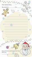 diseño de carta de muestra de navidad y año nuevo listo para santa claus con una línea para el texto retrato de santa claus entre hombres de jengibre y copos de nieve