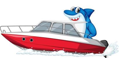 Tiburón en lancha rápida personaje de dibujos animados sobre fondo blanco.