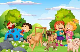 Playground scene with children and animals vector