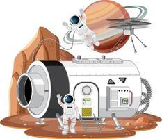 Space station on planet with spaceship and astronaut vector