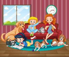 Room scene with happy family and dogs vector