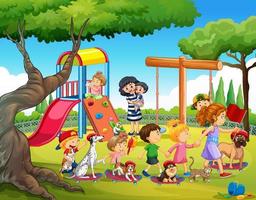 Playground scene with children playing with their animals vector