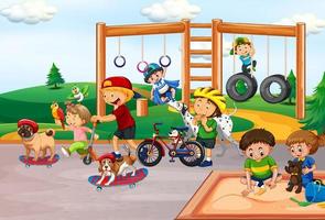 Playground scene with children playing with their dogs vector