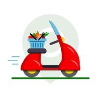 Entrega de alimentos de verduras en un ciclomotor rojo, motocicleta a través de la aplicación en el teléfono. vector