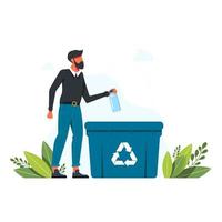 Man throws plastic bottle into trash can, garbage recycling sign The concept of caring for environment and sorting garbage. Recycle, ecological lifestyle vector illustration. Man with recycling basket