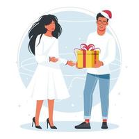 a man gives a large box with a ribbon bow to a woman, wrapped in a present, wearing a Santa Claus hat. holiday concept, Christmas, New Year. Happy people with gifts. vector illustration isolated