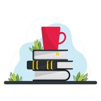 una pila de libros y una taza. libros y juego de lectura. libros de texto para estudios académicos. Aficionados a la literatura. escritorio de vector con enciclopedias de libros de texto, espacio de trabajo en el lugar de trabajo. aprendizaje de la educación, montones de literatura