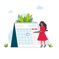 gestión del tiempo y concepto de fecha límite. mujer de negocios planeando eventos, fechas límite y agenda. calendario, horario, proceso de organización concepto de gestión de tiempo de vector de dibujos animados plana para banner