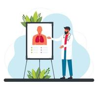 Pulmonologist examines the lungs. The concept of pulmonology, a healthy respiratory system. Medical specialist giving information about lungs. Physician, lecture, respiration flat vector illustration