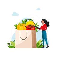 personas que mantienen una dieta saludable. mujer examina en una bolsa de papel con lupa con frutas y verduras frescas. ilustración vectorial para nutrición orgánica, dietista. ilustración vectorial vector