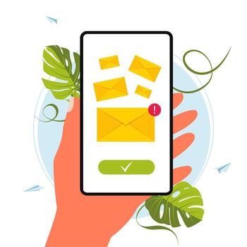 mano sostiene el teléfono con el mensaje entrante, correo electrónico, mensaje de envío, un teléfono con un nuevo mensaje entrante en la pantalla. Reciba correo en su concepto de comunicación mobile.online. ilustración vectorial vector