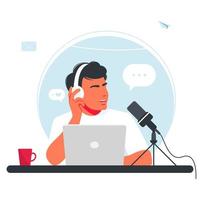 The man is recording a podcast. Boy in headphones talking into a microphone. The radio DJ is broadcasting online. Joyful person radio host interviewing guest, mass media broadcasting isolated on white vector