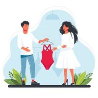 ayudante de tienda ayuda al comprador a elegir traje de baño, vestido. El consultor le da a una mujer un traje de baño para que se pruebe. ir de compras, comprar ropa de moda. vector. asistente de compras ayuda al comprador vector