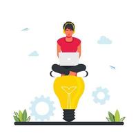 woman is sitting on big light bulb. Creative idea,brainstorming,teamwork,startup,business solution,thinking process concept.Businessman seating on idea lightbulb, searching sponsor to finance startups vector