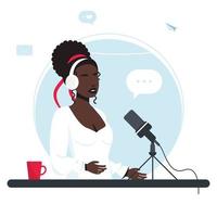 The woman is recording a podcast. Girl in headphones talking into a microphone. The radio DJ is broadcasting online. Joyful person radio host interviewing guest, mass media broadcasting. Vector