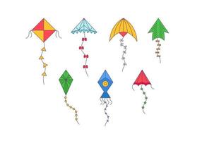 cometas. conjunto de cometas de dibujos animados. juguete volador de viento con cinta y cola para niños. ilustración vectorial. juego de cometas de viento, juguete volador de verano. vector