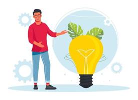 A man stands by a large light bulb. Business idea concept isolated. Creation and implementation of business innovations. Vector illustration. Implementation or integration of innovative ideas concept