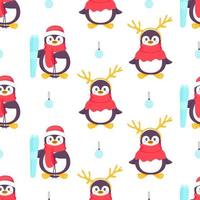Penguins seamless pattern. Cartoon penguin with skis and antlers. Vector cute winter illustration blue background. Merry Christmas and Happy new year seamless pattern with penguins in vector.