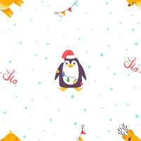 Cartoon Penguins and deer seamless pattern, in various poses and emotions. Vector cute winter illustration blue background. Merry Christmas and Happy New Year seamless pattern with penguins in vector