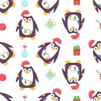 Penguins seamless pattern. Cartoon penguin in a hat, scarf and garlands. Vector cute winter illustration blue background. Merry Christmas and Happy New Year seamless pattern with penguins in vector
