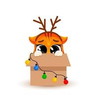 A cute cartoon tiger cub sits in a large box with garlands. Christmas concept, Chinese New Year,a symbol of 2022. Fashionable sticker. Christmas card. Vector illustration isolated on white background.