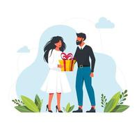 Man give a present to a woman. Flat vector illustration. Man Gives A Gift To Woman. cartoon boy giving girl a gift box. Vector. Present. Valentines Day or Birthday.