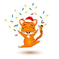 Cute cartoon tiger cub rejoices with confetti and fireworks. Christmas concept, Chinese New Year, symbol of 2022. Fashionable sticker. Christmas card. Vector illustration isolated on white background.