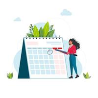 gestión del tiempo y concepto de fecha límite. mujer de negocios planeando eventos, fechas límite y agenda. calendario, horario, proceso de organización ilustración vectorial plana. concepto de gestión del tiempo para banner vector