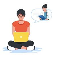 A woman receives an online doctor consultation at home. Doctor recommends medications via video link. Live chat. Patient meets with an online doctor via the laptop application. Vector illustration