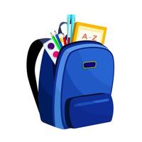Colored school backpack. Education, schoolbag luggage, rucksack. Kids school bag backpack with education equipment. Vector illustration