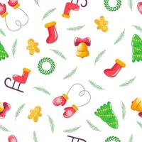 Winter Christmas pattern seamless with sock, bell, skates, cookies-man. Template for printing onto fabric, wrapping paper design. Children's background for fabric, textile, wallpaper, clothing. Vector