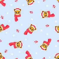 Seamless pattern of New Year's cute tiger cubs in hat and scarf, symbol of the new 2022 on white background. Christmas. Vector illustration for postcard, banner, internet, decor, design, art, calendar