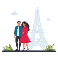 pareja caminando en parís con el telón de fondo de la torre eiffel. viajes en grupo de personas. parejas felices viajando por europa. lugares de interés de todo el mundo, imagen para imágenes de viajes, viajes familiares felices vector