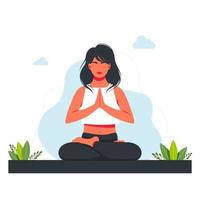 mujer en posición de loto y meditando en la naturaleza y hojas. Ilustración del concepto de yoga, meditación, relajación, recreación, estilo de vida saludable. ilustración vectorial en estilo de dibujos animados plana. vector