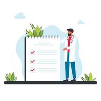 doctor stands near a large sheet of tasks. man, manager prioritizing tasks in to do list. concept of tiny doctor to check medical report, flat vector illustration for web, landing page, ui, banner