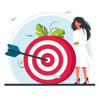 the woman is at the target. Move up motivation, the path to the target's achievement, successful contract teamwork. Business Vision, a big target with woman, run to their goal. Vector illustration