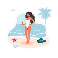 chica hermosa mujer en la playa en traje de baño y con un protector solar en la mano junto al mar en la arena. gente de la playa del mar que viaja bandera, símbolo de las vacaciones de verano. ilustración vectorial vector