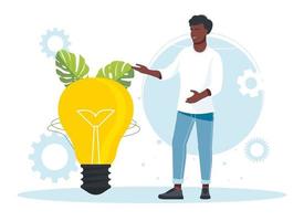 El hombre africano se encuentra junto a una gran bombilla de luz. concepto de idea de negocio aislado. creación, implementación de innovaciones empresariales. ilustración vectorial. implementación, integración del concepto de ideas innovadoras vector