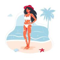 Vitiligo skin disease in a girl in a swimsuit and a hat. A woman diagnosed with vitiligo does not hesitate to sunbathe on the beach. the concept of different beauty, bodily positive, self-acceptance.