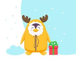 un pingüino en un saco de dormir, una chaqueta de abrigo con astas de ciervo. concepto de navidad y año nuevo. lindo pingüino sonriente divertido. ilustraciones de moda en color. Fondo blanco. ilustración vectorial vector