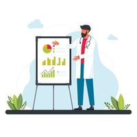 doctor stands near the graphic, diagrams, statistics. Medical concept. Detailed illustration of standing man in white suit near whiteboard with chart of analytics and graph. Virus, infection, epidemic vector