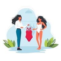 consultant gives a woman to try on a swimsuit. Personal stylist. Woman tries clothes with fashion consultant. Friend woman and man together purchase swimsuit, vector. Concept vogue boutique vector